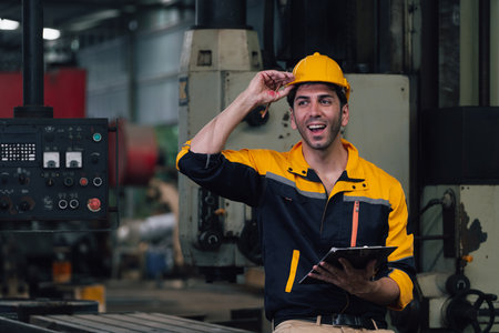 Portrait of young engineer using digital tablet while standing in industrial factoryの写真素材