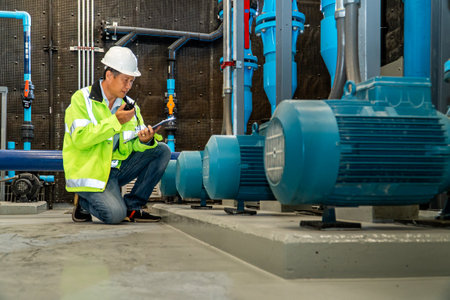 Engineer using digital tablet in control room of oil refinery plant.の写真素材