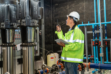 Technician using walkie talkie in factory. Industrial and technology concept.の写真素材