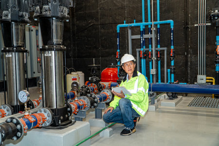 Portrait of Asian male engineer using digital tablet while sitting in factoryの写真素材