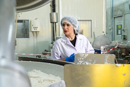 Mature woman in white coat and blue gloves working in cheese factory