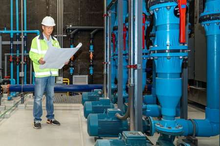 Portrait of male engineer holding blueprint while standing in distribution room at factoryの写真素材