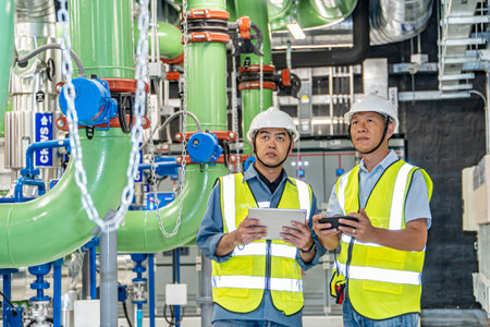 Engineer and technician working with tablet computer at power plant. Industry and engineering concept.の写真素材