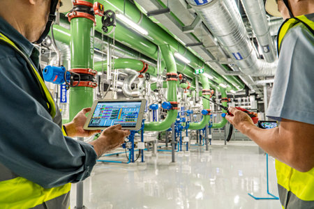 Worker using digital tablet in the control room of a power plantの写真素材