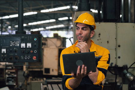 Portrait of young factory worker using laptop computer in workshop. This is a freight transportation and distribution warehouse. Industrial and industrial workers conceptの写真素材