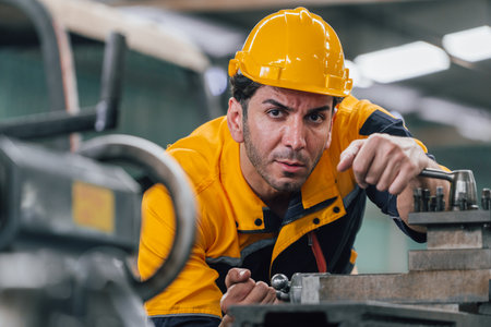 Caucasian engineer using a laptop in a factory. man working in plastics factory.の写真素材