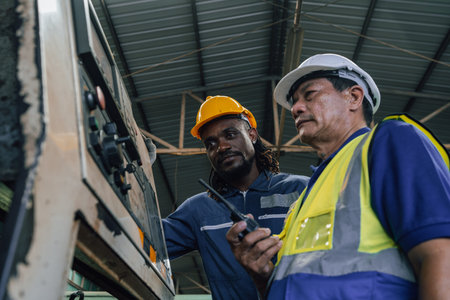 Engineer and industrial worker working in factory using walkie talkie