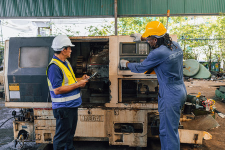Engineer and technician are using a tablet to check the condition of the machine.の写真素材