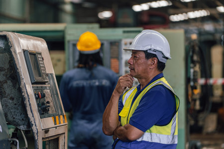 Portrait of mature engineer working at industrial factory. Selective focus.