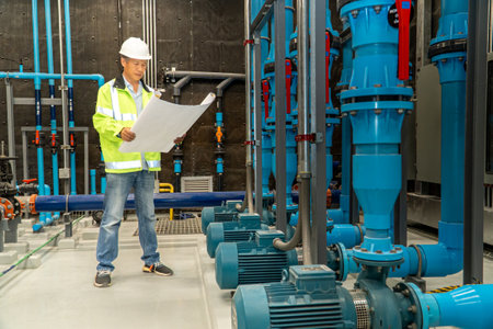 Engineer in uniform holding blueprint and looking at pump in industrial plantの写真素材