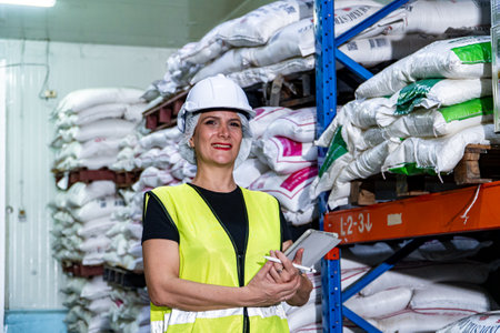Female industrial engineer wearing a white helmet while standing in a heavy industrial factory.の写真素材