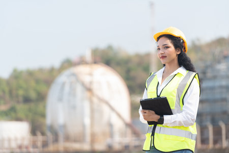 female engineer with hardhat with petrochemical factory background. asian woman holding tablet, plan and Walkie Talkie.の写真素材