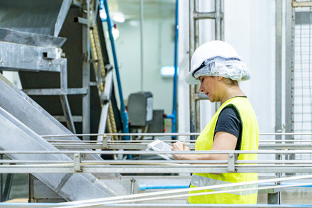 Female industrial engineer wearing a white helmet while standing in a heavy industrial factory.の写真素材