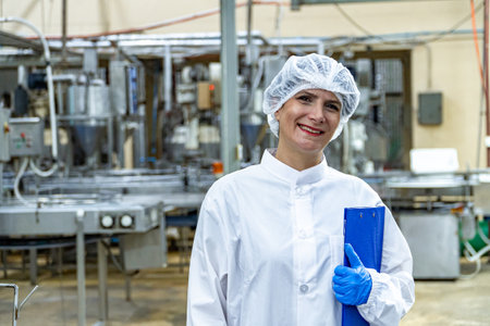 caucasion woman working in a food factory wearing protective clothes and glovesの写真素材