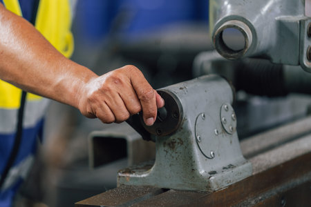 Close-up of the hands of a worker using a lathe