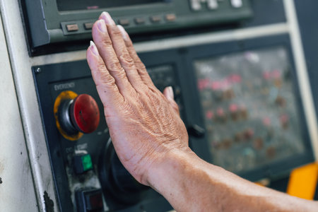 Close-up of an old woman's hand pressing the button on a control panelの写真素材