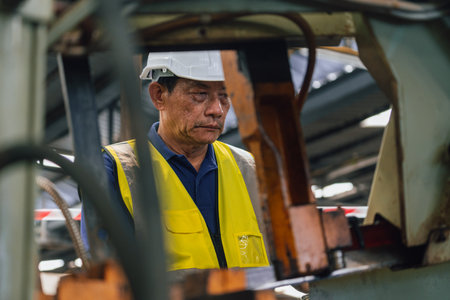 Industrial worker indoors in old factory. Industrial man Engineers in Hard Hats.Work at the Heavy Industry Manufacturing Factory.の写真素材