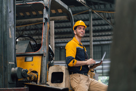 portrait of confident mature warehouse worker using laptop in forklift at factory