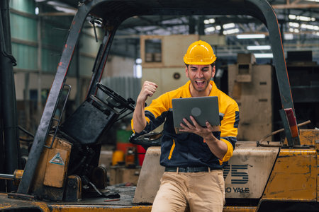 Portrait of a smiling warehouse worker using laptop while standing in warehouseの写真素材