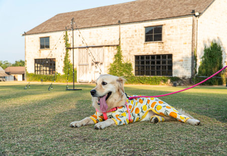 Cute Golden Retriever Dog Lying on the Grass in the Gardenの写真素材