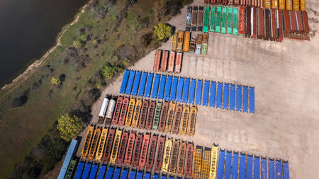 Aerial view of cargo containers at the port. Cargo freight ship.