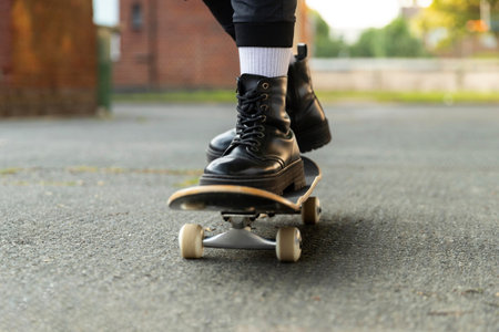 Skateboarder riding on skateboard outdoors, closeup. Space for text