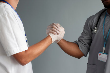Doctor and patient shaking hands, closeup. Health care and medical concept