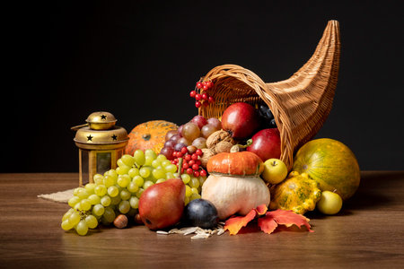 Autumn still life with pumpkins, apples, grapes and nuts on wooden table