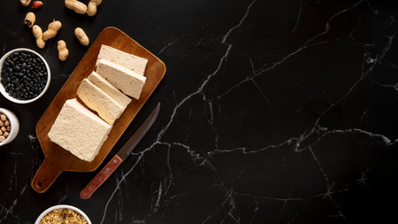 Tofu on a black marble background, top view, copy spaceの写真素材