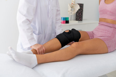 Cropped view of physiotherapist putting elastic bandage on patients knee