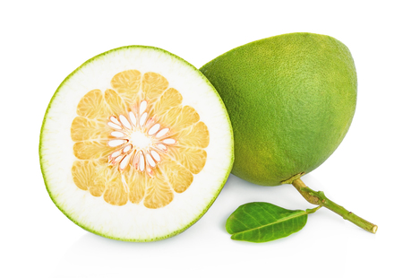 Fresh pomelo in halves on white background.の写真素材