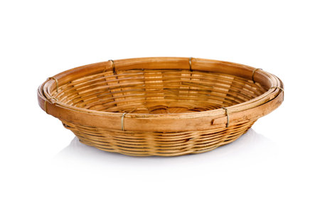 vintage weave wicker basket isolated on white backgroundの写真素材