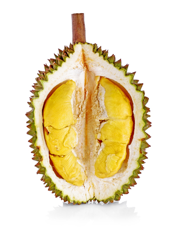 yellow durian in side Mon Thong durian fruit on white backgroundの写真素材