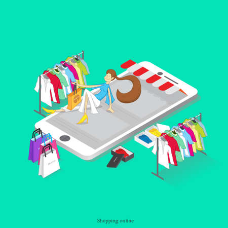 Girl shopping online, illustration,mobile, fashion, beauty.のイラスト素材