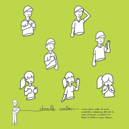 cartoon doodle show gestures appreciate and thank,colour background,vectorのイラスト素材