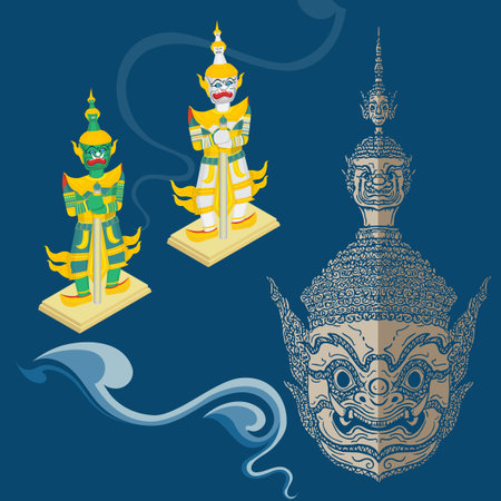 vector ramayana mask and figure,thai style,cut out and isolated,asian cultureのイラスト素材