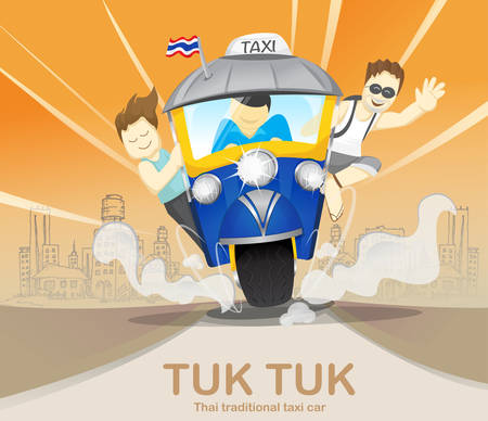 Tourism on tuk tuk driving to travel, journey trips, adventure, transportation,Thailandのイラスト素材