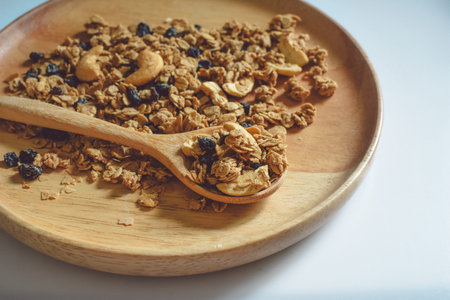 sereal on wooden plate spot focus and close-up view,healthy natural food