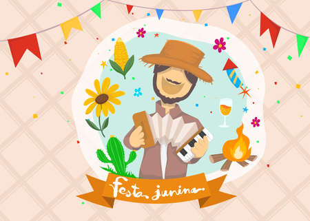 Cartoon for Festa Junina village festival in Latin. Icons set in multi colour. Festival style decoration.のイラスト素材