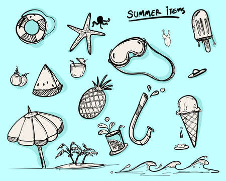 doodle items for summer, set of vector for summer symbol, doodle styleのイラスト素材
