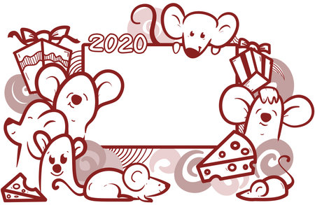doodle mouse frame for 2020, hand drawn set of mouse for new year, cute mouse cartoon collection.のイラスト素材
