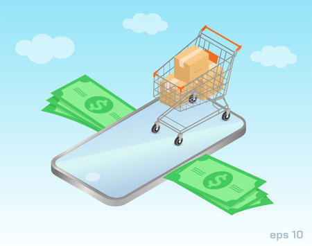 Mobile phone or smartphone with cart., illustration Of A Shopping Cart Trolley With Smart Phone Mobile Phoneのイラスト素材