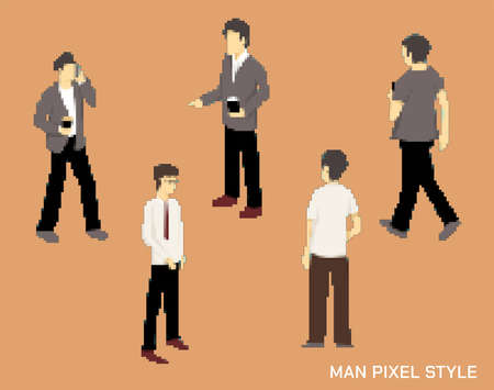 Set of pixel art office man, vector illustration.,Businessman isolated on color background. Office man pixel game style illustration.のイラスト素材
