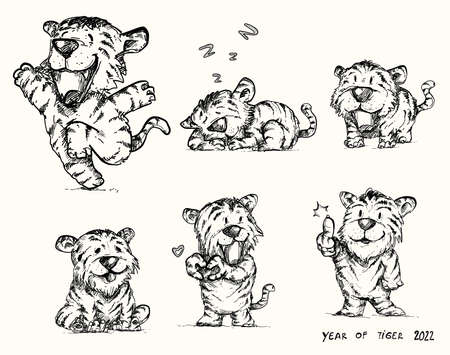 Different Tiger doodle vector set.Tiger lies in various poses.Cartoon Tiger characters design collection with black and white color.のイラスト素材