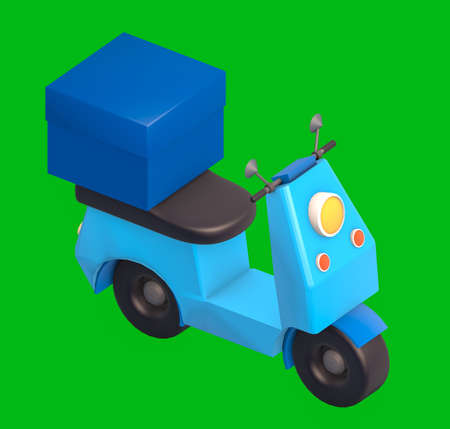 3D Rendering blue motor scooter with box., Scooter and delivery packages.,Motorcycle or Scooter Cartoon Style Isolated on a Colour Background Delivery Service Concept.の写真素材
