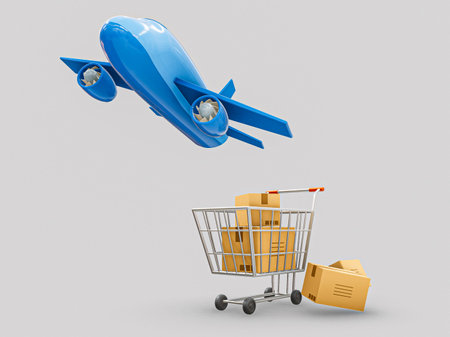 3D rendering shopping cart and air plane,Shopping online shopping cart Concept e-commerce and delivery service connections and plane.,Concept for shopping, travel, contest, economy.の写真素材