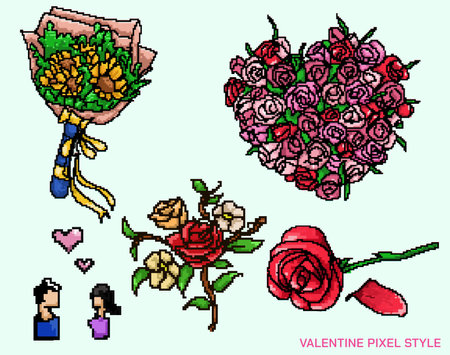 Pixelated rose heart and leafs, valentines day.,8 - 16 - bit 8 - 16 - bit flower vector illustration.のイラスト素材