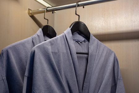 Twins bathrobe, security safe in wooden wardrobe in hotel