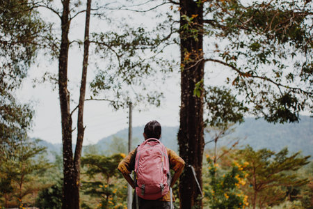 Traveler backpacker Asian woman with nature background , Traveler concept