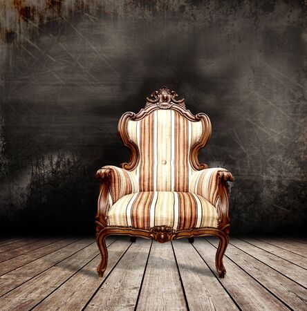 Room wooden floor vintage chair gray wallの写真素材